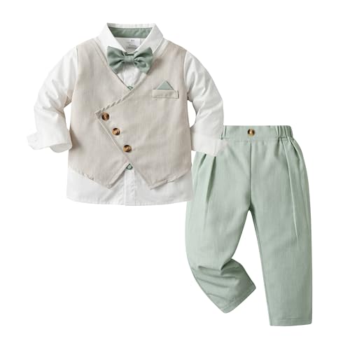 Volunboy Toddler Formal Bowtie Tuxedo Baby Boy Gentleman Wedding Guest Outfit Birthday Long Sleeve Dress Shirt Vest Suits (Lightgreen, 2-3T)