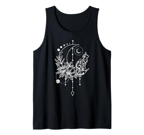 Cat with half moon, dream catcher and flowers Tank Top