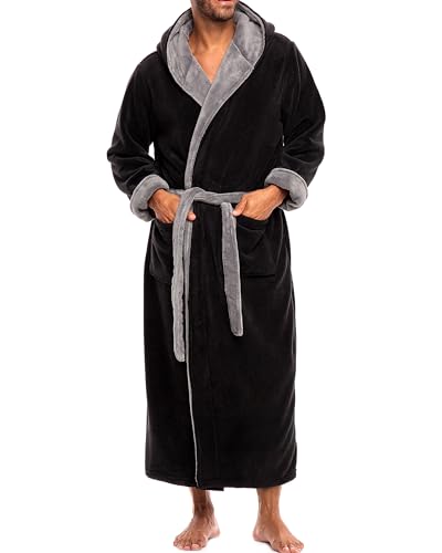 Alexander Del Rossa Mens Robe with Hood, Plush Fleece Hooded Mens Bathrobe, Big and Tall Bath Robe for Men