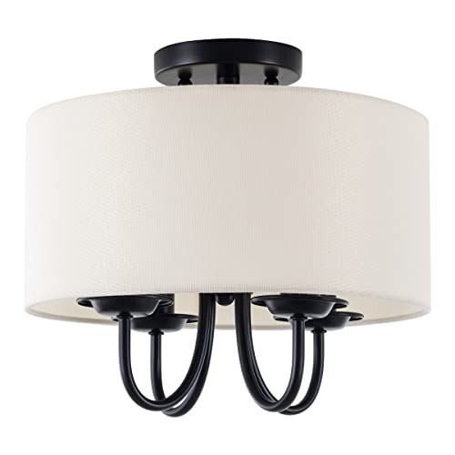 VILUXY Semi-Flush Mount Ceiling Light Fixture Off-White Fabric Drum Shade Modern Chandelier Black Finish for Bedroom, Dining Room, Corridor, Living Room 4-Light