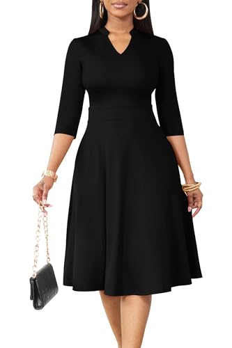 AOMONI Church Dresses for Women 3/4 Sleeve Fit and Flare Semi-Formal Dress Knee Length Midi Dresses Black L at Amazon Women's Clothing store