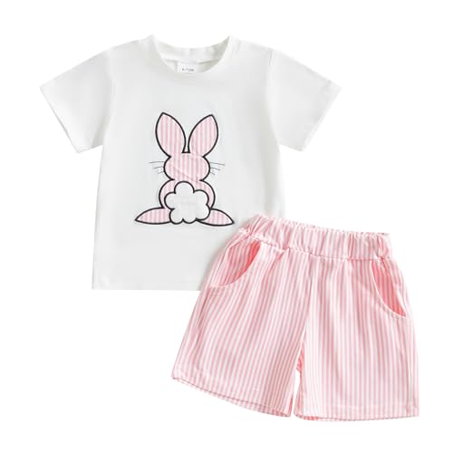 Toddler Boy Girl Bunny Clothes My First Easter Outfits Short Sleeve T-Shirt Strip/Plaid Printed Shorts 2Pcs Summer Set (Pink Shorts Set, 2-3 Years)