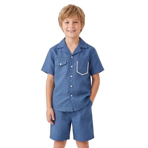 Image of LOLANTA Boys 2 Pieces Linen Set kids Short Sleeve Button Down Shirt and Shorts Summer Vacation Outfits