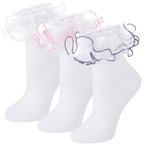 Image of Geyoga 3 Pairs Women Big Ruffle Socks Turn Cuff, Double Lace Ankle Cotton Frilly Socks for Ladies Summer