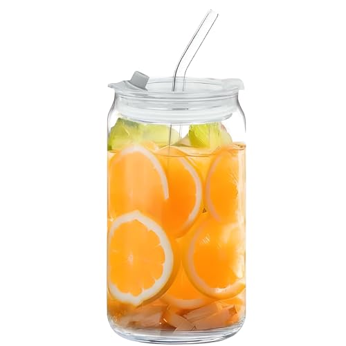 Image of Drinking Glasses with Plastic Lids and Straw - 450ml, Set of 1, Can Shaped Glass Cups, Beer Glasses, Iced Coffee Glasses, Cute Tumbler Cup, Ideal for Cocktail, Whiskey, Tea