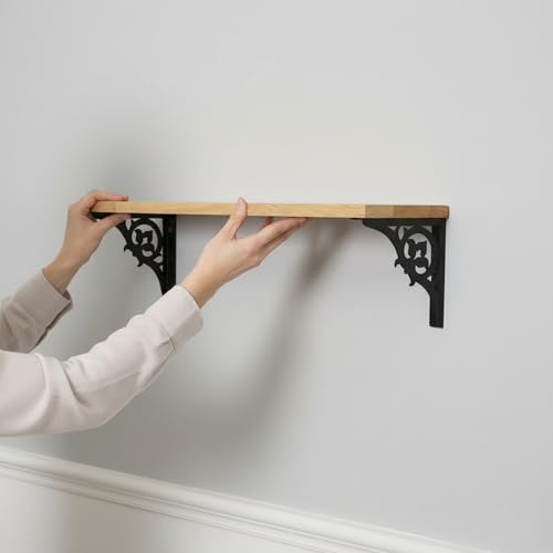 Image of Wall Shelf with Wooden Top Black|White Iron Brackets Storage Rack|Industrial Wall-Mounted Floating Shelf for Living Room,Kitchen,Bathroom (Black Single Floral Small)