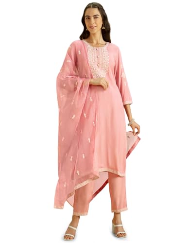 Image of Kaari Women's Embroidered Kurti Set with Dupatta | Ethnic Suits with Embellished Dupatta | Everyday and Festive Kurti Set for Women