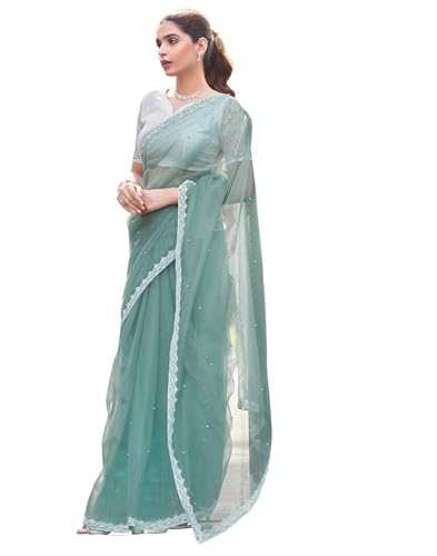 Image of SIRIL Women's Lace & Peral Work Saree with Unstitched Blouse Piece