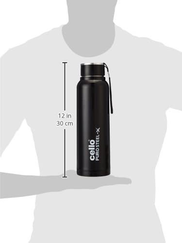 Image of CELLO Puro Steel-X Benz 1200 Insulated Water Bottle For Office 970ml, Black | Easy to Carrying Loop, Wide Mouth Leak Proof & Rust Resistant Inner Steel Insulated Water Bottles For School Kids & Travel