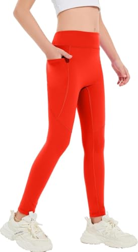 Hvididan Girls High Waist Yoga Leggings with Pocket Athletic Running Dance Workout Pants Stretchy Comfort Fit Size 10-12 Red