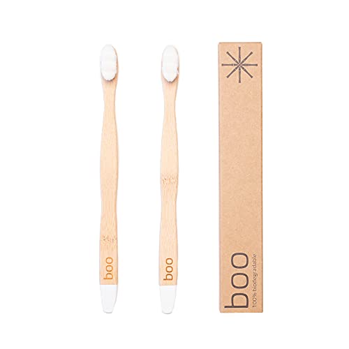 Boo Biodegradable Natural Bamboo Toothbrush 2-Pack with BPA-Free Micro Nano Soft Bristles for Sensitive Gums - Kids & Adults (Adult, White)