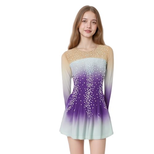 LIUHUO Figure Skating Dress Girls' Long Sleeves Deep Purple Competition Perform Womens Elegant Handmade Crystal