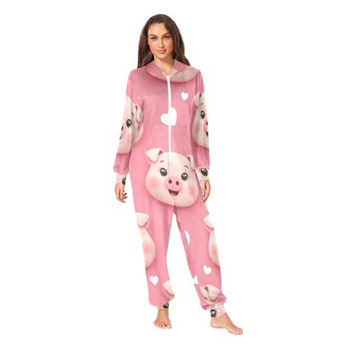 Pijama de cerdo rosa para adultos de forro polar contra el frío en casa con bolsillos 1