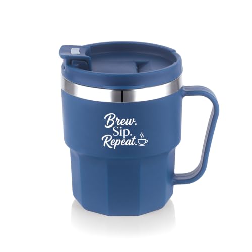 Image of ATTRO Sipzo Double Wall Inner Steel Coffee Mug, 350ml, Microwave Safe, Stainless Steel Inner, BPA Free Food Grade Outer, Leakproof Lid with Dust Cover, Wide Mouth, Office & Travel Mug-Blue