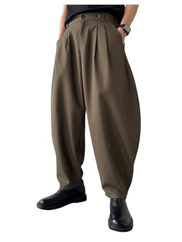 OYOANGLE Men's Pleated Mid-Rise Elastic Tapered Pants Loose Fit Casual Dress Pants with Pockets