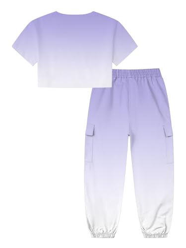 Image of Betusline Girls' Gradient Short Sleeve Crop Tops & Cargo Pants Set, Regular Fit,Perfect for Young Girl,Purple Gradient,6-7 Years = Tag 130