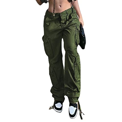 Guyongz Women's Cargo Pants Jeans Baggy Y2K Wide Leg Straight Parachute Pants Streetwear Casual Pants For Women With Pockets A-Green #TOP7