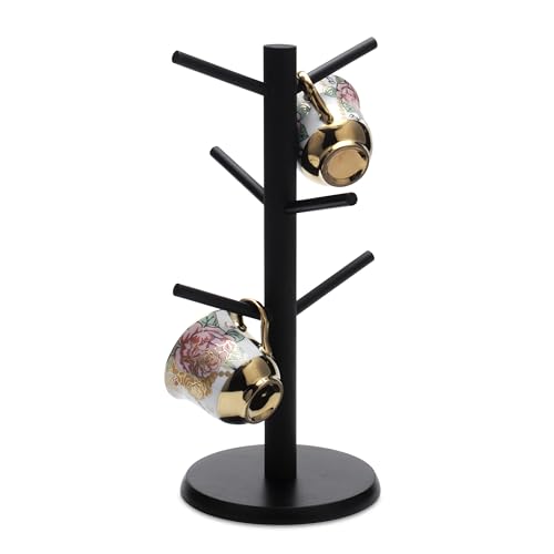 XUDREZ Wood Mug Tree, Bamboo Cup Holder with Thickened Base, Kitchen Coffee Cup Holder, Free Standing Mug Stand Kitchen Supplies for Tea Coffee Cup Mug Jewelry Organizer Tree (Black)