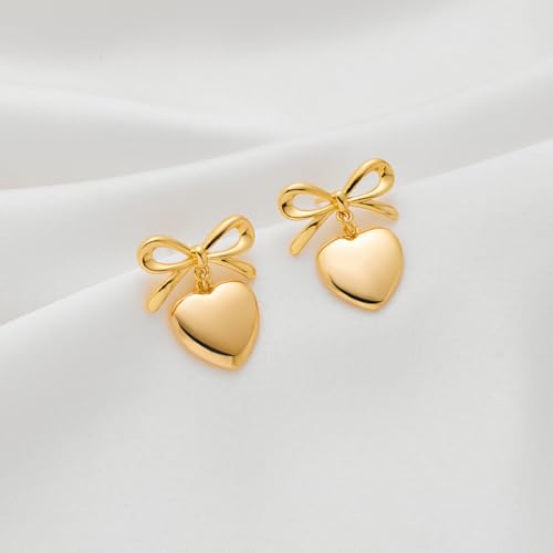 Gold Heart Dangle Earrings For Women Ribbon Bow Dangle Earrings4