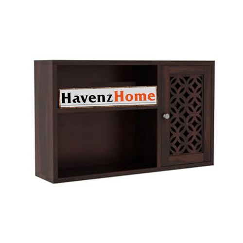 Image of Solid Sheesham Wooden Wall Shelf with Lattice Door, 71x46x18 cm | Sheesham Wall Mount Shelf, Book Storage Rack for Living Room | Bedroom | (Dark Walnut -1)