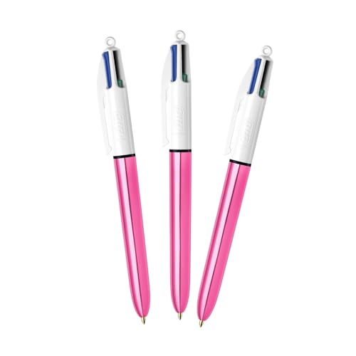 BIC 4 Colours Shine Ballpoint Pen - Pink Barrel Multicolour Ink Pen, Retractable Smooth Writing Pens, Refillable Medium Point 4 in One Biro for School, Office, Study, Journaling and Organisation