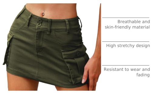 Image of ELLEVEN Low Rise Denim Mini Skirt for Women High Stretch Jean Skirts | Women's Sexy Bodycon Cargo Denim Skirt with Pockets, Y2K Casual Jean Style, Trendy Summer Outfits