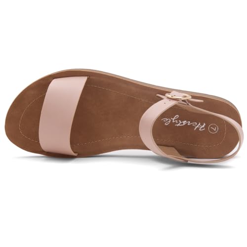Image of Herstyle Flat Sandals for Women - Open Toe 1 Band Ankle Strap Summer Dressy Sandals, Lightweight Casual Strappy Slip-On Flats with Adjustable Buckle