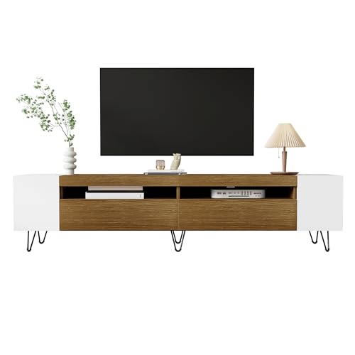 WEALTHOUSE Mueble bajo para TV moderno con almacenamiento abierto y cerrado, elegante aparador para sala de estar, elegante combinación de superficie de madera y estructura de metal mate (color blanco