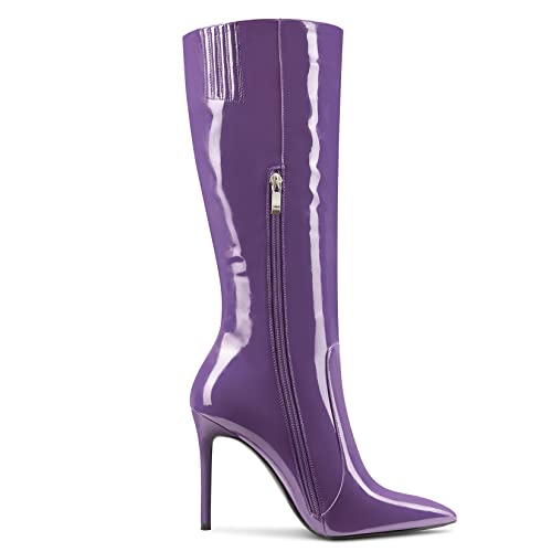 Aachcol Women Stiletto High Heel Mid Calf Boots Zipper Close Pointed Toe Dress Shoes Patent 4 Inch3