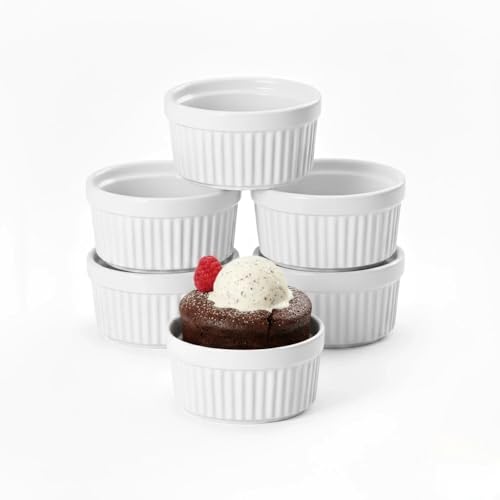 Ceramic Ramekins 6 Oz White Set of 6 | Oven Microwave & Dishwasher Safe Porcelain Souffle and Creme Brulee Cups for Custard Pudding Dips & Individual Desserts Thick Wall Heat Resistant Construction
