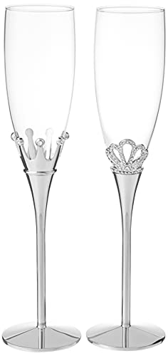 Hortense B. Hewitt Wedding/Anniversary Nickel-Plated and Glass Champagne Toasting Flutes, King and Queen, Set of 2
