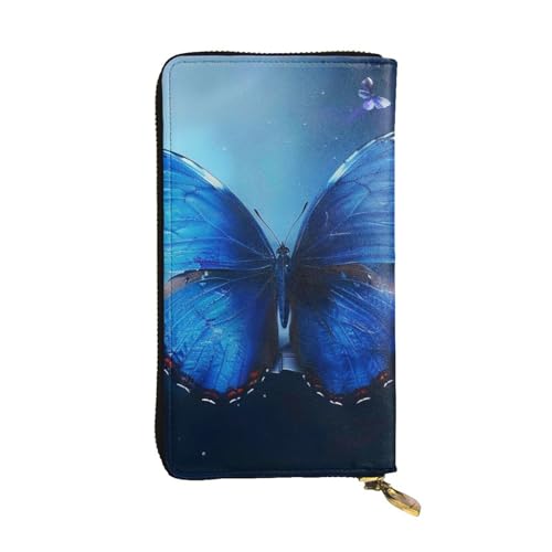 Blue Butterfly Printed Long Wallet for Women Men Cute PU Leather Wallet with Coin Purse and Credit Card Holder