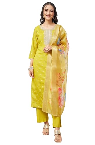 Janasya Women's Lime Yellow Silk Blend Embroidered Straight Kurta Set product image 8
