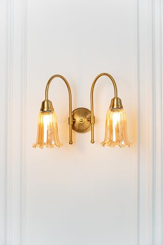 Image of Divine Trends Double Hockey Wall Lamp Antique Brass Finish with Fluted Flower Golden Glass for Living Room, Bedroom, Home Decoration Wall Light - Pack of 1