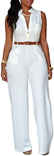 Pink Queen Women's Jumpsuits White Sleeveless Loose Belted Jumpsuits Rompers XXL