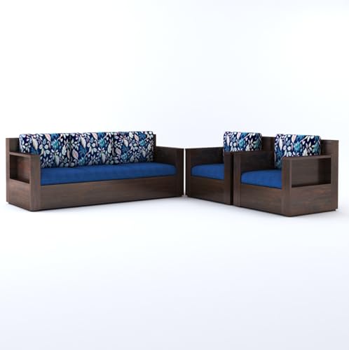 Image of Sheesham Wood 5 Seater Sofa Set with Cushion for Living Room Home Hall Wooden 3+1+1 Sofa for Hotel Office (Walnut Finish)