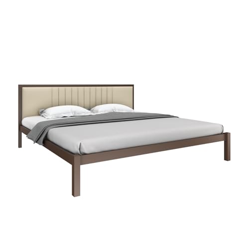 Image of Homdec Venus Wall-Supported Upholstered Headboard Metal Bed (Brown, King (U.K. Standard))