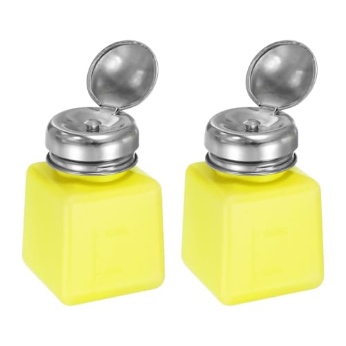sourcing map 2pcs Solvent Alcohol Dispenser 100ml(3.4oz) Push Down Liquid Dispenser Pump Bottle with Sealing Stainless Steel Lid for Acetone Solution, Yellow