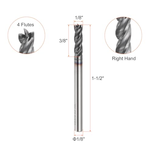 Image of HARFINGTON 5pcs Carbide Square Nose End Mill Bit 1 /8 inch Cut Dia 4 Flutes TiAlN Coated Milling Cutter for Hardened Steel Metal (1 /8 inch Shank 3 /8 inch Cut Length 1-1 /2 inch Long 30 Degree Helix)
