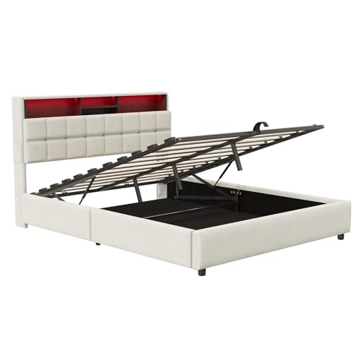 CJHXE Canapé Abatible 160x200 cm con Almacenaje Hidráulico, Cama Queen Size Tapizada con Luces LED, Puerto Type-C y Cabecero, Estructura de Cama Doble con Somier, Beige (Sin Colchón)