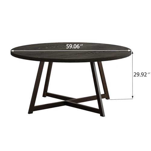 Image of Large Round Dining Table for 6-8, Wooden Dinner Table with Heavy Duty Metal Pedestal Base, for Kitchen Living Room, Space Saving, 59 Inch, Black