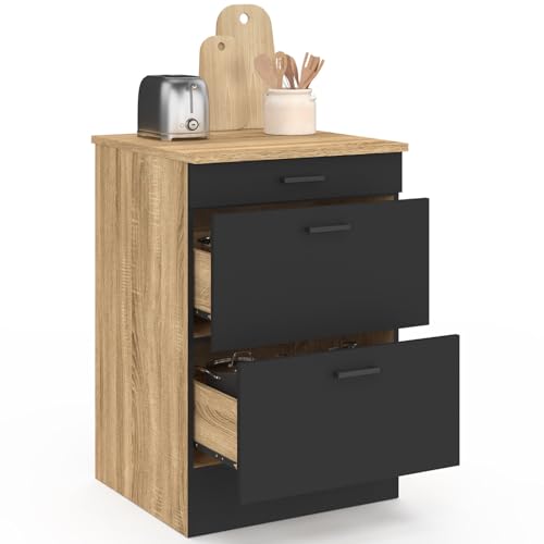 IDMarket - Meuble Bas de Cuisine 60 cm Subtil appoint casserolier 3 tiroirs Bois et Noir