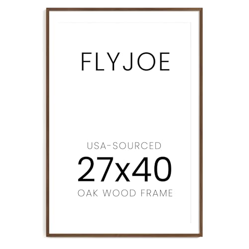 Image of FLYJOE 27x40 Oak Wood Picture Frame with Mat for 24x36, 27 by 40 USA-Sourced Natural Solid Wooden Poster Frame for Wall Display, Tempered Real Glass, Hanging Hardware Included, 1 Pack, Walnut Color