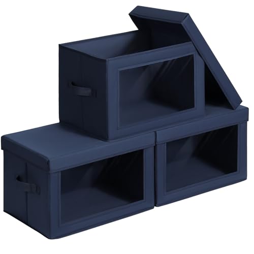 Image of Homsorout Stackable Storage Bins with Lids - Large Storage Box with Lids, Foldable Closet Boxes for Organizing, Wardrobe Clothes Organizer with Window, Cubes Bins for Living Room, 3 Pack, Navy Blue