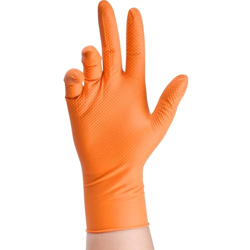 TitanFlex Heavy Duty Industrial Orange Nitrile Gloves, 8-mil, Gloves Disposable Latex Free with Raised Diamond Texture Grip, Powder Free, Rubber Glove, Mechanic Gloves,100-ct Box (XL)