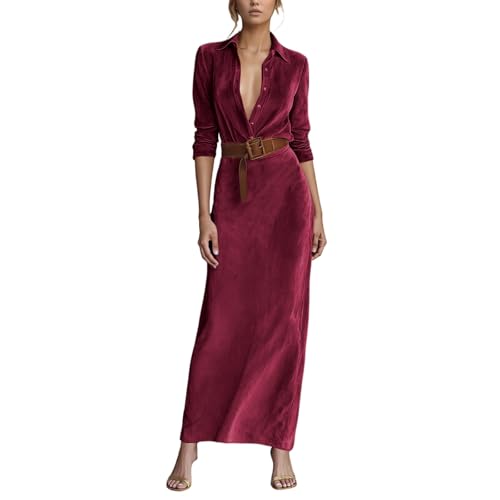 Foweknow Cocktailkleid Damen Wildleder V-Ausschnitt Kleid Elegantes Langer Abendkleid Langärmliges Temperament Kleider Herbst Und Winter...