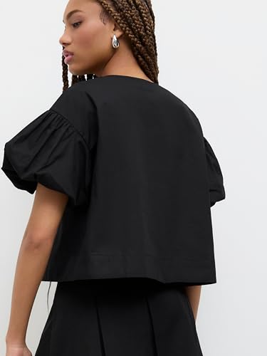 CIDER Shirts for Women Tie Front Top Knotted Crop Peplum Babydoll Puff Sleeve Blouse Cute Crew Neck Top4