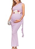 AISWI One Shouler Maternity Mermaid Dress with Flowing Ruffle Tassel Bodycon Pregnancy Dresses Baby Shower, Without Belt, Purple, Medium