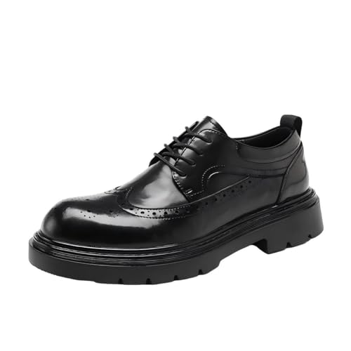 Men's Genuine Leather Dress Shoes Height Increasing Thick Sole Comfortable Oxfords Business Casual Fashion Boots for Men Wedding(7) Black