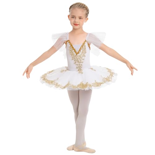 IWEMEK Robe de Ballet Fille Tenue Danse Classique avec Tutu Tulle Plateau Lac des Cygnes Justaucorps Broderies Perles Enfant Ballerina Princesse Costume Danseuse Manches à Volants Blanc 7-8 Ans